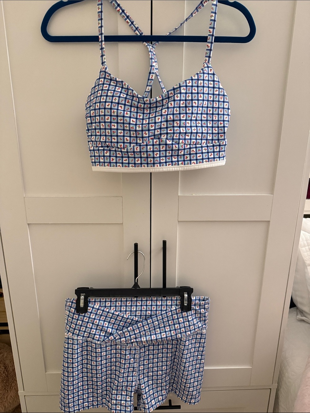 Blue Grid Print with Cherries Sports Bra and Shorts Set